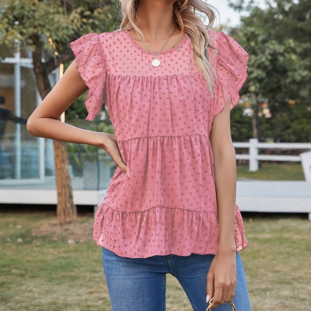 Boho Swiss Dot Ruffle Babydoll Top Dusty Pink